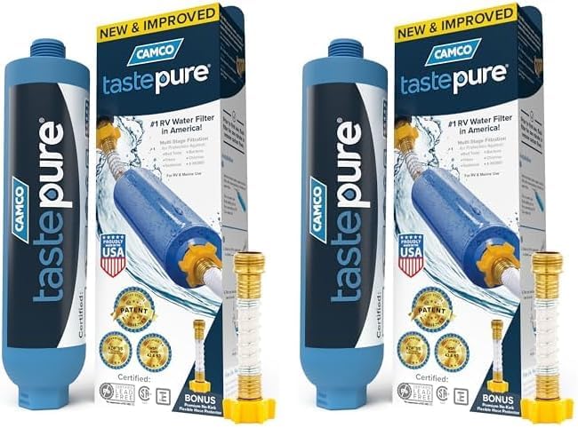 Camco Tastepure RV Water Filter - New & Advanced RV Inline Water Filter with Flexible Hose Protector - GAC & KDF Filtration - Made in USA - Camping Essentials for Fresh Drinking Water (40043)