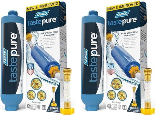 Camco Tastepure RV Water Filter - New & Advanced RV Inline Water Filter with Flexible Hose Protector - GAC & KDF Filtration - Made in USA - Camping Essentials for Fresh Drinking Water (40043)