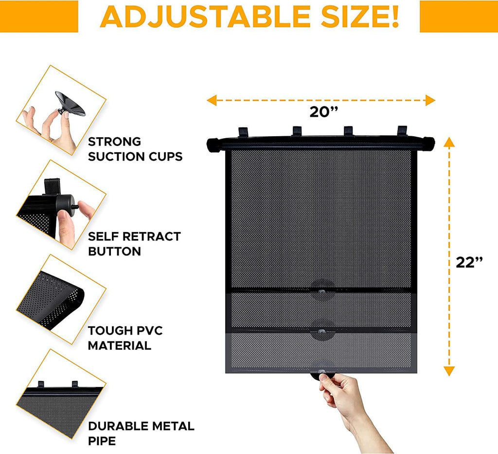 EcoNour Car Side Window Sun Shade (2 Pack) | Retractable Roller Sunshade for Kids | Baby Car Window Shades for UV and Sun Glare Protection | Baby Travel Accessories (15"x17")