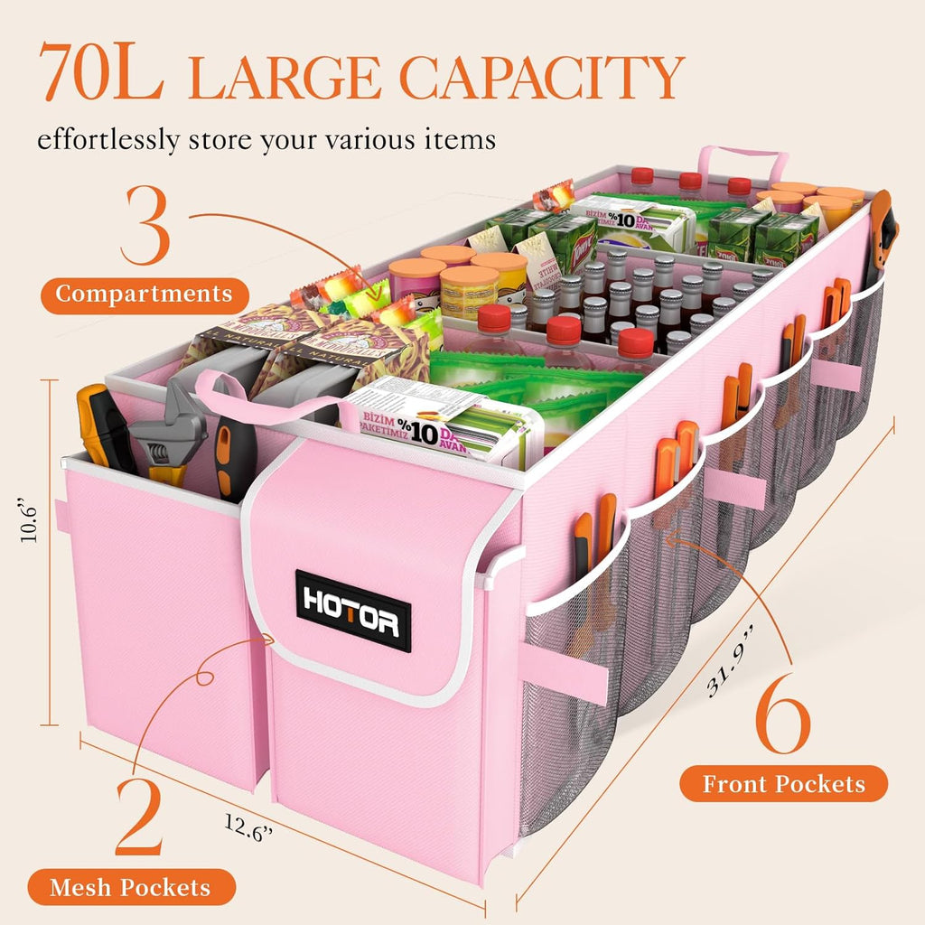 HOTOR Trunk Organizer - Car Organizer, Foldable Trunk organizer for SUVs & Sedans, Sturdy Car Organization for Car Accessories, Tools, Sundries, Black, 2 Compartments, 21.3"×12.6"×10.6"