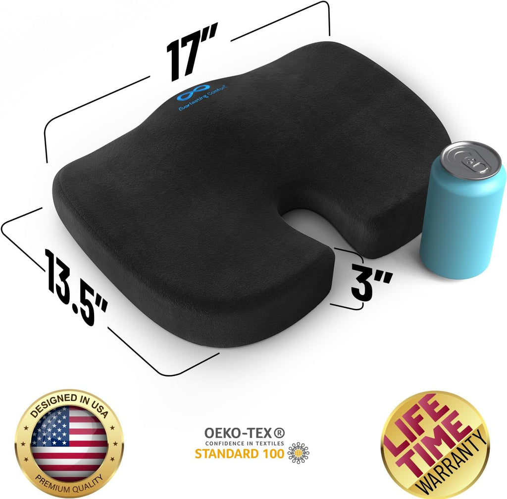 Everlasting Comfort Doctor Recommended Memory Foam Seat Cushion for Office Chairs & Car Seat - Ergonomic Office Desk Accessories for Tailbone Pain Relief, Sciatica & Back Support