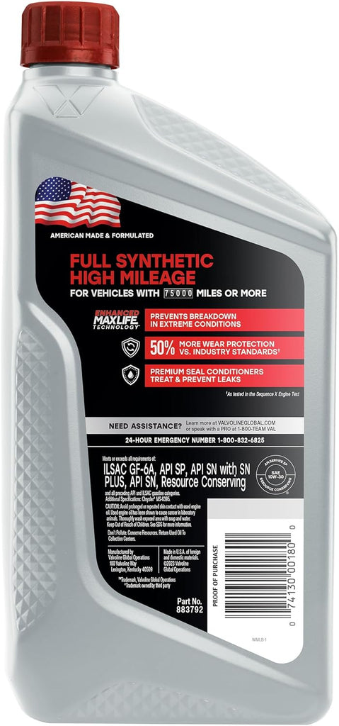 Valvoline High Mileage with MaxLife Technology SAE 5W-30 Synthetic Blend Motor Oil 5 QT