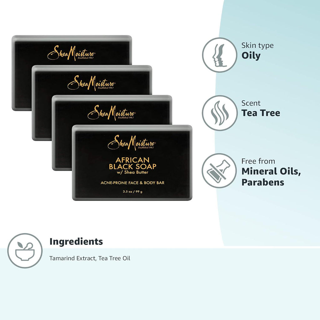 SheaMoisture Face and Body Bar for Oily, Blemish-Prone Skin African Black Soap Paraben Free 3.5 oz 4 Count, facial cleanser