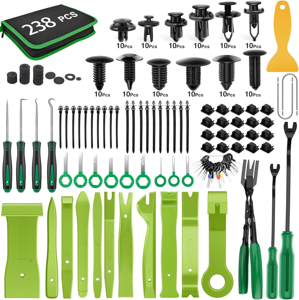 GOOACC 238Pcs Trim Removal Tool, Auto Push Pin Bumper Retainer Clip Set Fastener Terminal Remover Tool Adhesive Cable Clips Pry Kit Car Panel Radio Removal Auto Clip Pliers (GRC-207)