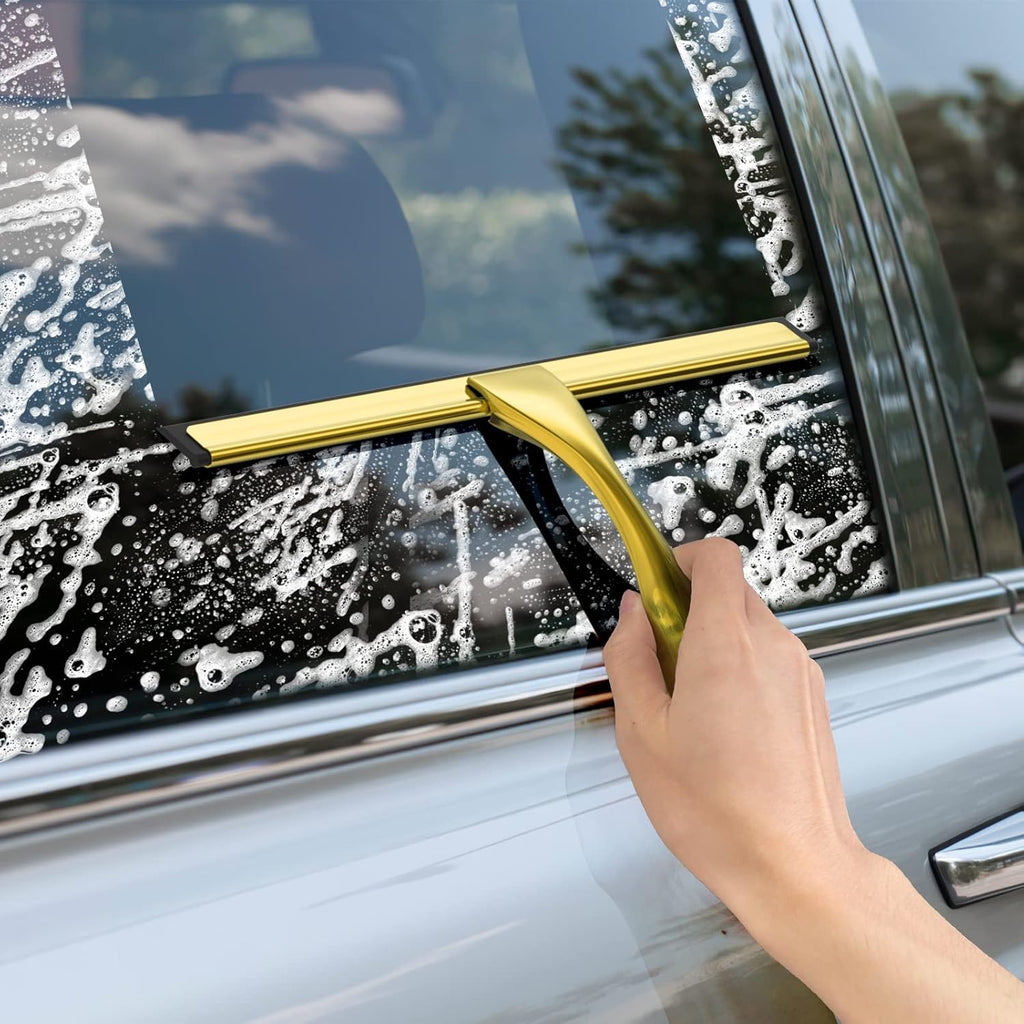 All-Purpose Stainless Steel Shower Squeegee for Shower Glass Door with 2 Adhesive Hooks, Bathroom Cleaner Tool Household Window Mirror Squeegee , Cleaning Tile Wall, Car, 10 Inch Silver