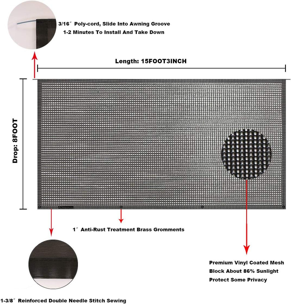 Tentproinc RV Awning Sun Shade Screen Sunshade 8' X 15' 3'' (Fit for 16' Awning)- Mesh Sunscreen Motorhome Camper Trailer Awning Shade Screen UV Blocker Completed Kits - 3 Year Warranty (Black)