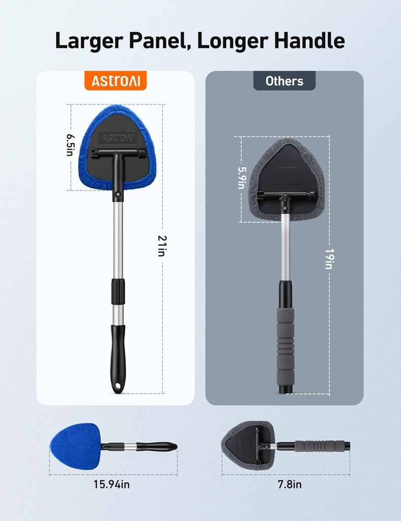 AstroAI Windshield Cleaner Tool, Car Interior Detailing Cleaning Kit with Extendable Handle and 4 Reusable Microfiber Pads, Auto Glass Wiper Brush Kit, Cars, Trucks, SUVs, Gray