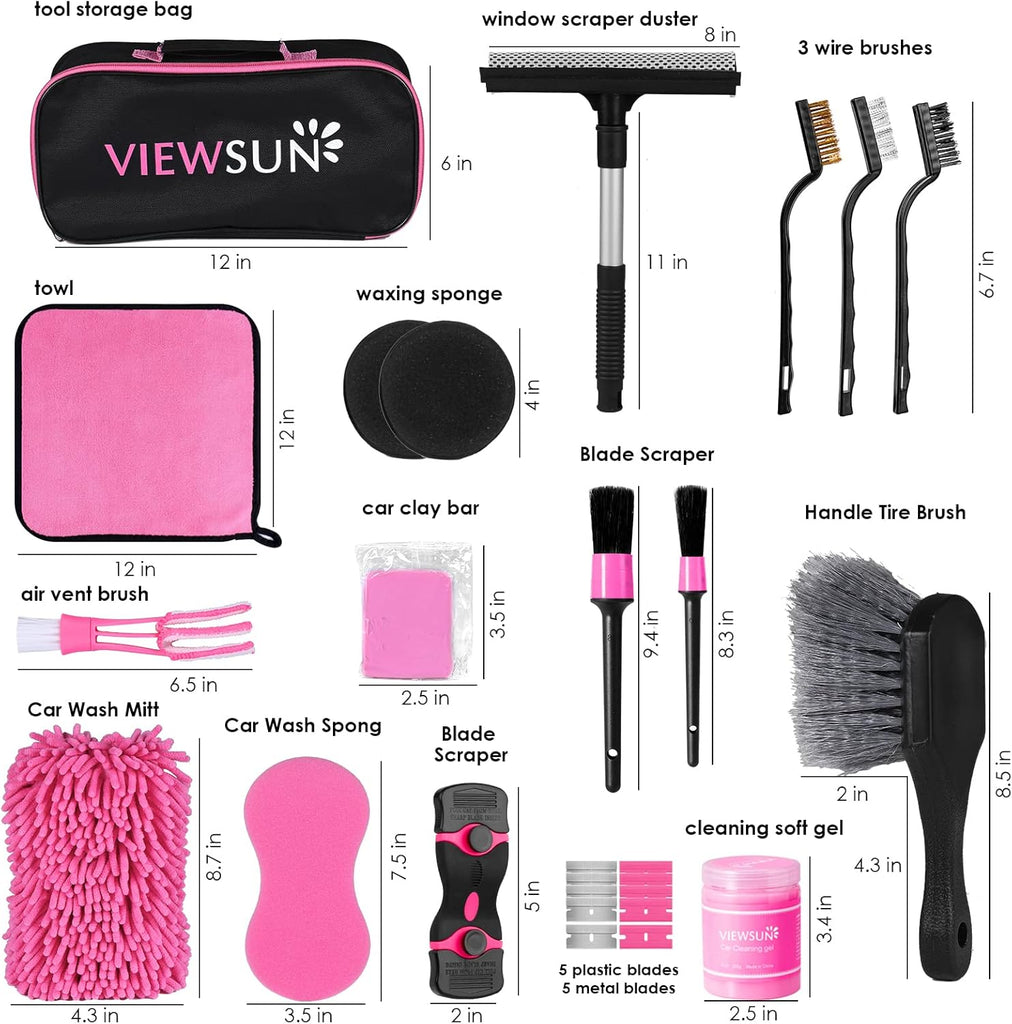 Viewsun 17pcs Car Cleaning Kit, Pink Car Interior Detailing Kit with High Power Handheld Vacuum, Detailing Brush Set, Windshield Cleaner, Cleaning Gel, Complete Auto Accessories for Women Gift