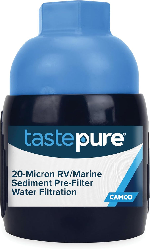 Camco Tastepure RV Water Filter - New & Advanced RV Inline Water Filter with Flexible Hose Protector - GAC & KDF Filtration - Made in USA - Camping Essentials for Fresh Drinking Water (40043)