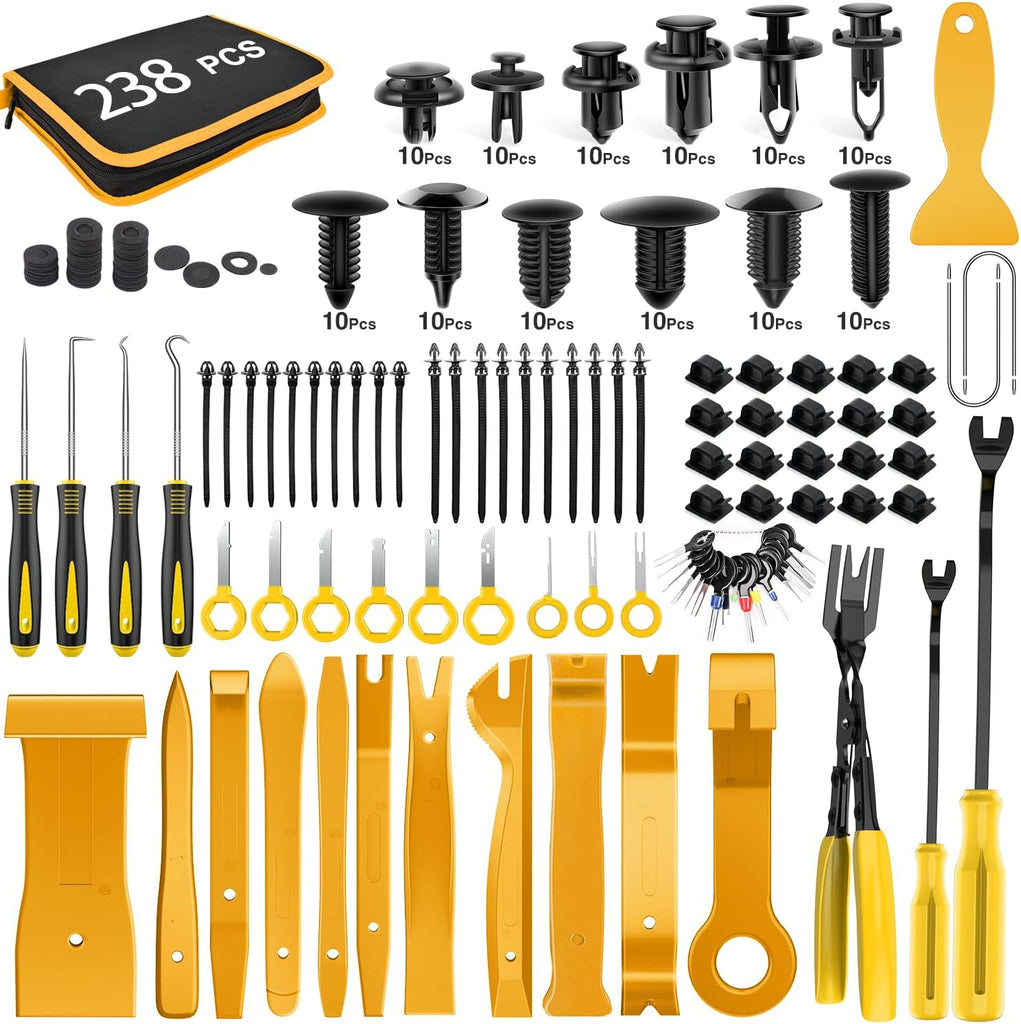 GOOACC 238Pcs Trim Removal Tool, Auto Push Pin Bumper Retainer Clip Set Fastener Terminal Remover Tool Adhesive Cable Clips Pry Kit Car Panel Radio Removal Auto Clip Pliers (GRC-207)