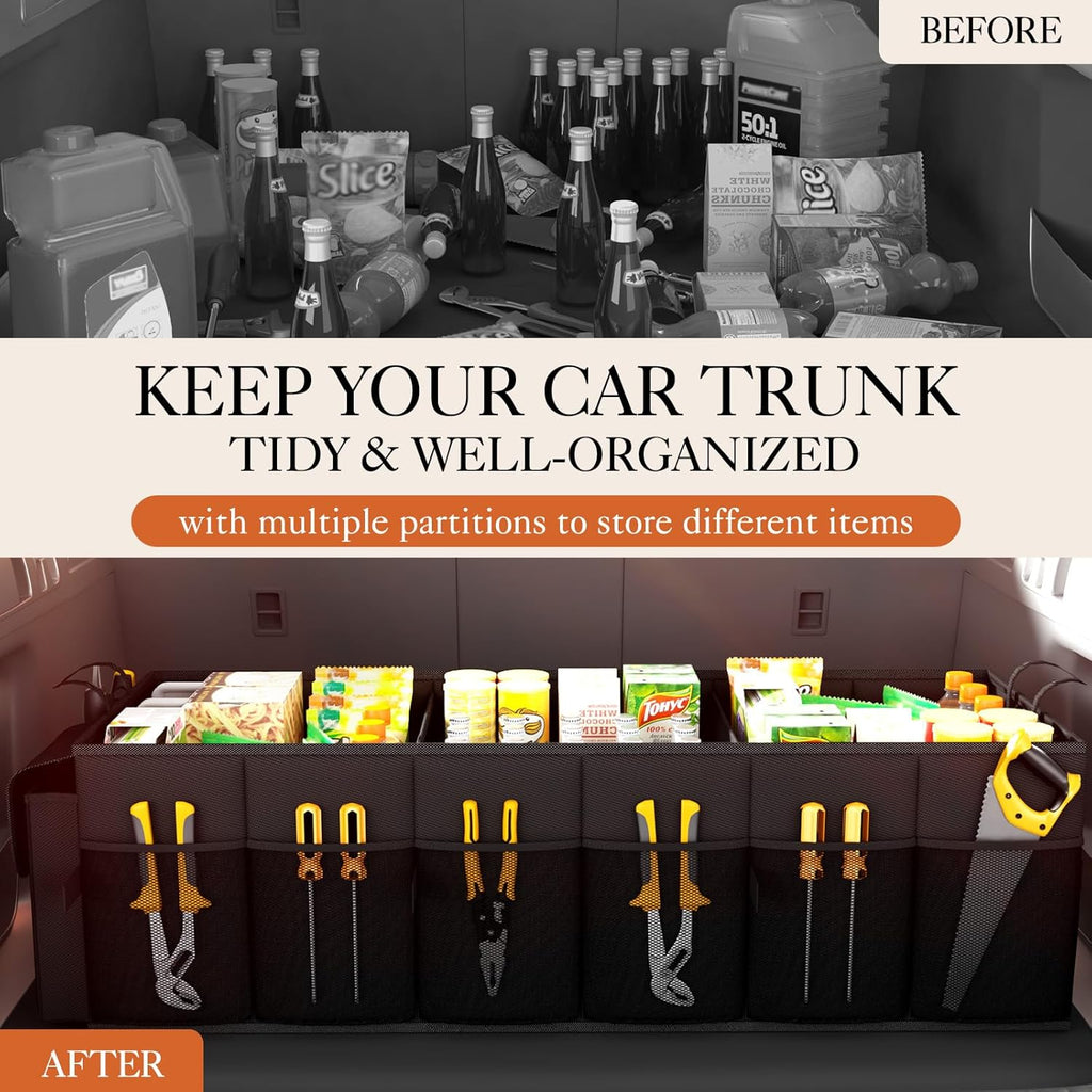HOTOR Trunk Organizer - Car Organizer, Foldable Trunk organizer for SUVs & Sedans, Sturdy Car Organization for Car Accessories, Tools, Sundries, Black, 2 Compartments, 21.3"×12.6"×10.6"