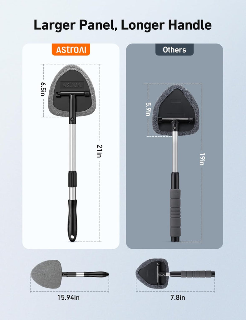 AstroAI Windshield Cleaner Tool, Car Interior Detailing Cleaning Kit with Extendable Handle and 4 Reusable Microfiber Pads, Auto Glass Wiper Brush Kit, Cars, Trucks, SUVs, Gray