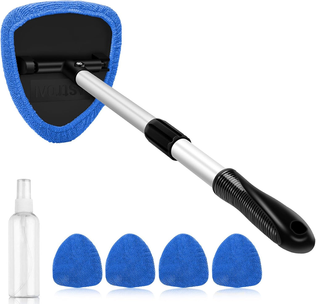 AstroAI Windshield Cleaner Tool, Car Interior Detailing Cleaning Kit with Extendable Handle and 4 Reusable Microfiber Pads, Auto Glass Wiper Brush Kit, Cars, Trucks, SUVs, Gray