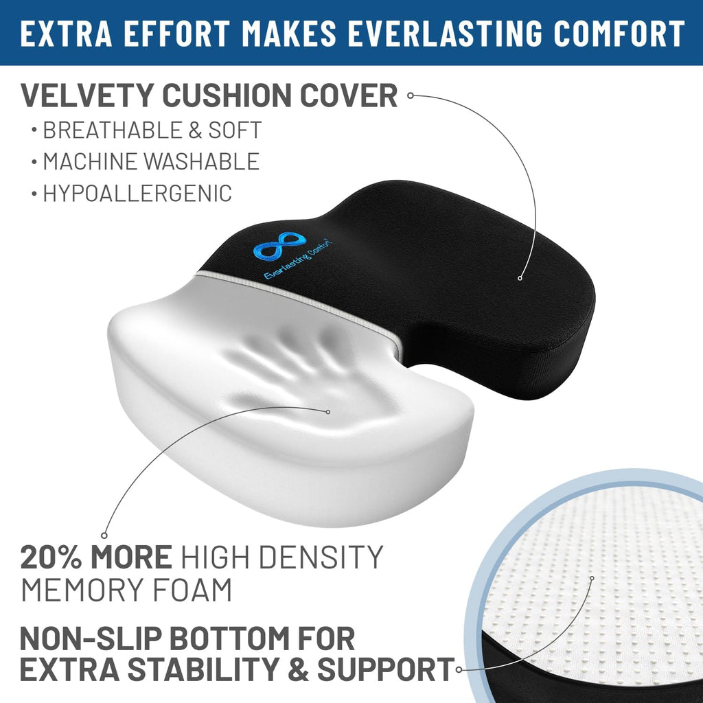 Everlasting Comfort Doctor Recommended Memory Foam Seat Cushion for Office Chairs & Car Seat - Ergonomic Office Desk Accessories for Tailbone Pain Relief, Sciatica & Back Support