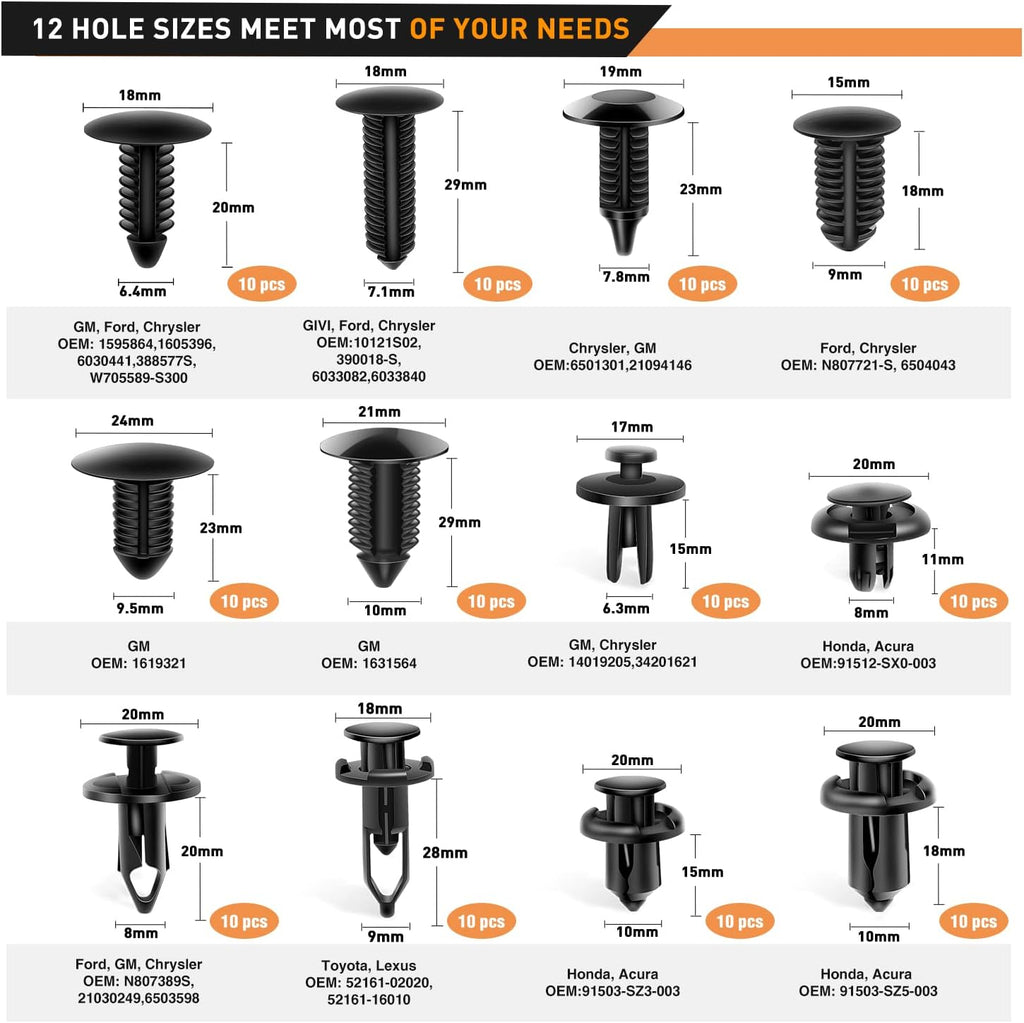 GOOACC - GRC-33 240PCS Bumper Retainer Clips Car Plastic Rivets Fasteners Push Retainer Kit Most Popular Sizes Auto Push Pin Rivets Set -Door Trim Panel Fender Clips for GM Ford Toyota Honda Chrysler