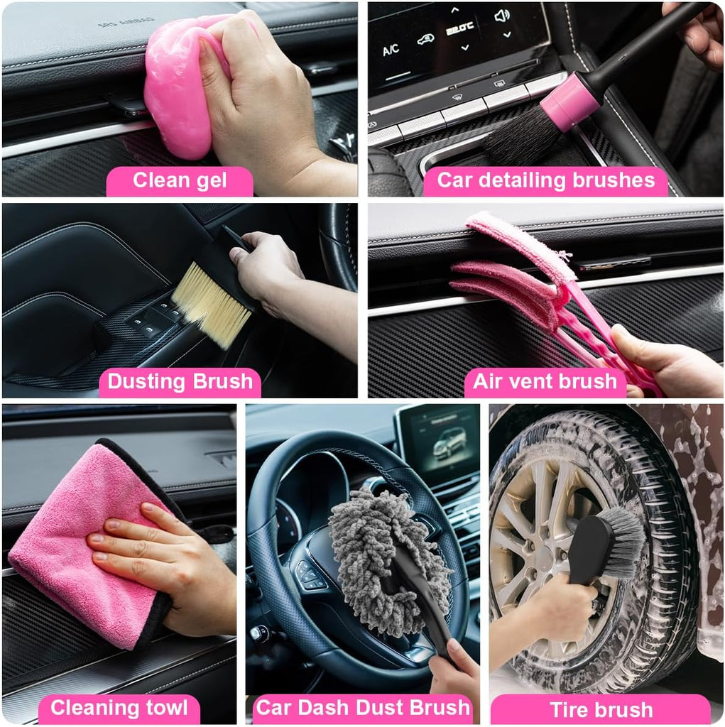 Viewsun 17pcs Car Cleaning Kit, Pink Car Interior Detailing Kit with High Power Handheld Vacuum, Detailing Brush Set, Windshield Cleaner, Cleaning Gel, Complete Auto Accessories for Women Gift