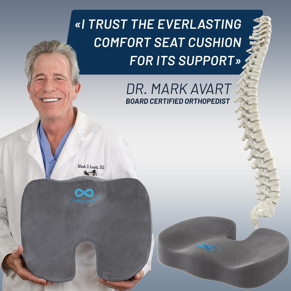 Everlasting Comfort Doctor Recommended Memory Foam Seat Cushion for Office Chairs & Car Seat - Ergonomic Office Desk Accessories for Tailbone Pain Relief, Sciatica & Back Support