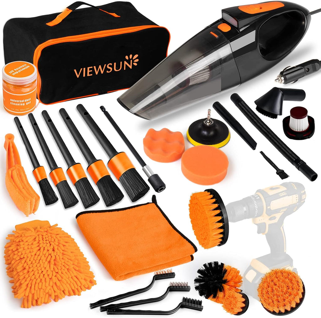 Viewsun 17pcs Car Cleaning Kit, Pink Car Interior Detailing Kit with High Power Handheld Vacuum, Detailing Brush Set, Windshield Cleaner, Cleaning Gel, Complete Auto Accessories for Women Gift