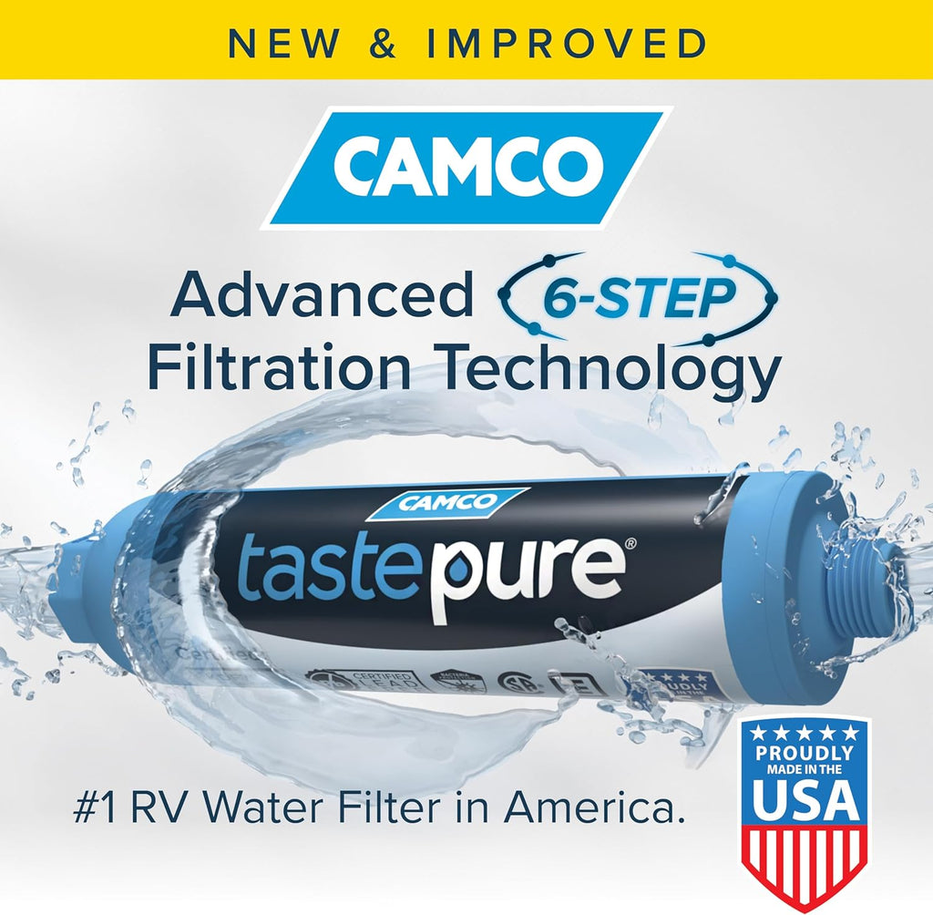 Camco Tastepure RV Water Filter - New & Advanced RV Inline Water Filter with Flexible Hose Protector - GAC & KDF Filtration - Made in USA - Camping Essentials for Fresh Drinking Water (40043)
