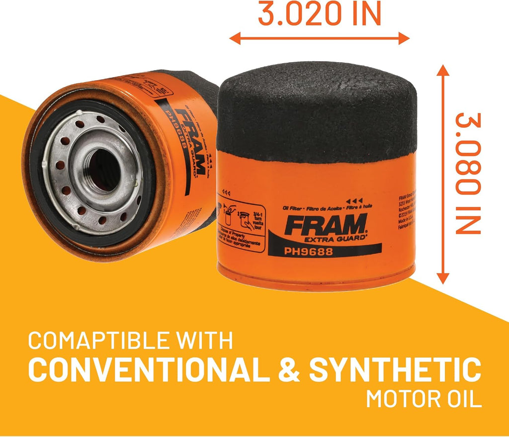 FRAM Extra Guard PH9688 10K Mile Change Automotive Replacement Interval Spin-On Engine Oil Filter for Select Vehicle Model Years, Vehicle Engine Protection Oil Filter for Everyday Drivers