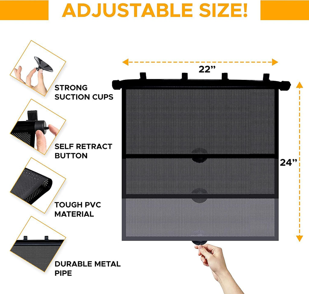 EcoNour Car Side Window Sun Shade (2 Pack) | Retractable Roller Sunshade for Kids | Baby Car Window Shades for UV and Sun Glare Protection | Baby Travel Accessories (15"x17")