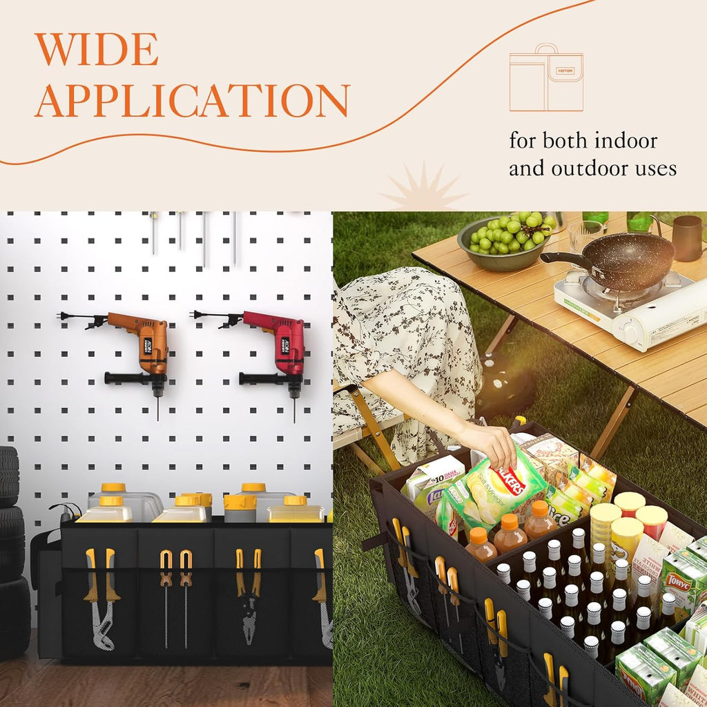 HOTOR Trunk Organizer - Car Organizer, Foldable Trunk organizer for SUVs & Sedans, Sturdy Car Organization for Car Accessories, Tools, Sundries, Black, 2 Compartments, 21.3"×12.6"×10.6"