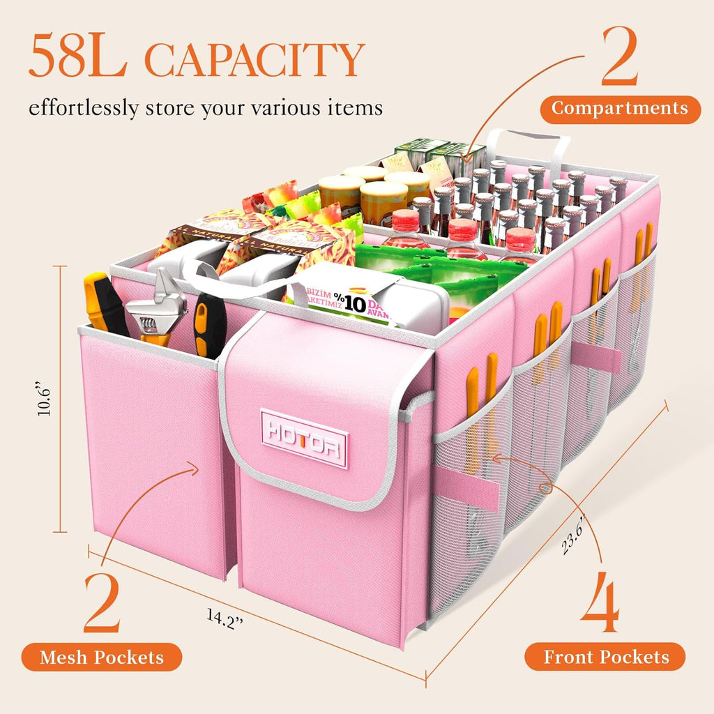 HOTOR Trunk Organizer - Car Organizer, Foldable Trunk organizer for SUVs & Sedans, Sturdy Car Organization for Car Accessories, Tools, Sundries, Black, 2 Compartments, 21.3"×12.6"×10.6"