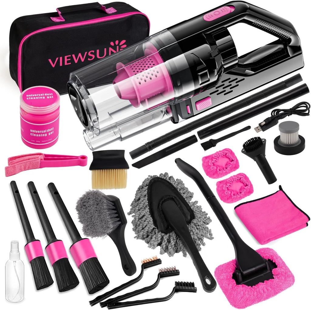 Viewsun 17pcs Car Cleaning Kit, Pink Car Interior Detailing Kit with High Power Handheld Vacuum, Detailing Brush Set, Windshield Cleaner, Cleaning Gel, Complete Auto Accessories for Women Gift