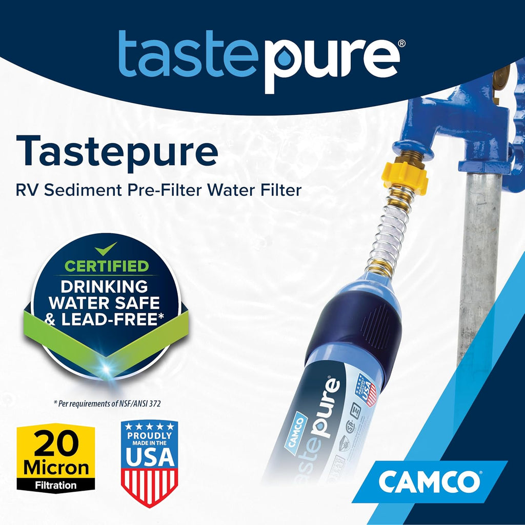 Camco Tastepure RV Water Filter - New & Advanced RV Inline Water Filter with Flexible Hose Protector - GAC & KDF Filtration - Made in USA - Camping Essentials for Fresh Drinking Water (40043)