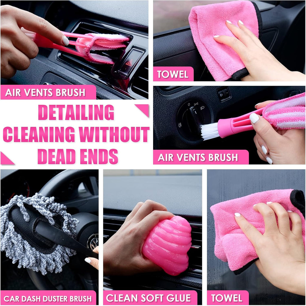 Viewsun 17pcs Car Cleaning Kit, Pink Car Interior Detailing Kit with High Power Handheld Vacuum, Detailing Brush Set, Windshield Cleaner, Cleaning Gel, Complete Auto Accessories for Women Gift