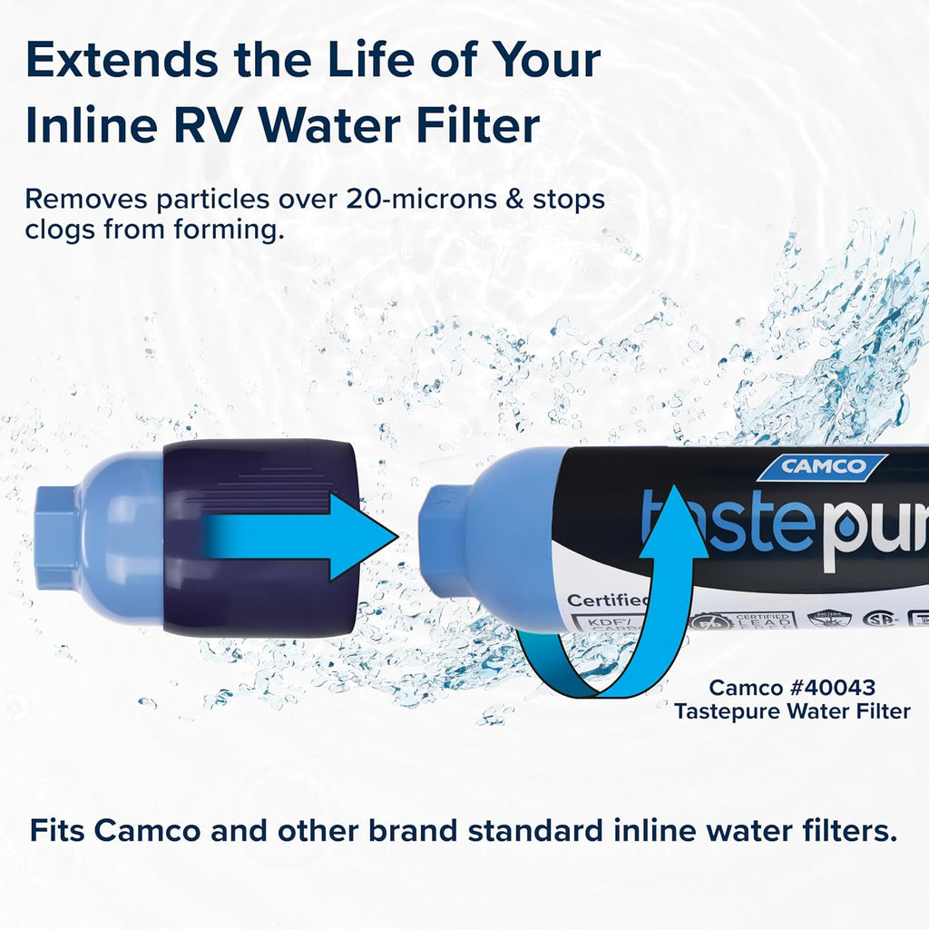 Camco Tastepure RV Water Filter - New & Advanced RV Inline Water Filter with Flexible Hose Protector - GAC & KDF Filtration - Made in USA - Camping Essentials for Fresh Drinking Water (40043)