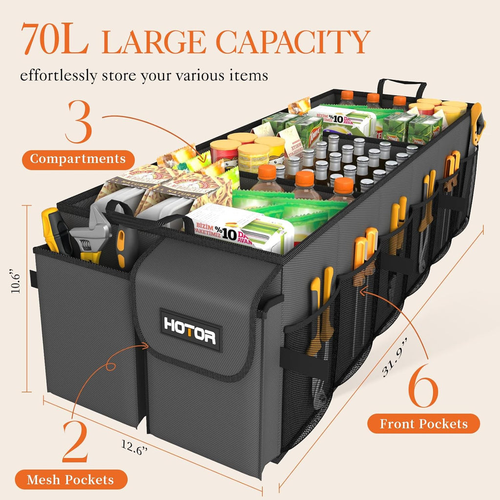 HOTOR Trunk Organizer - Car Organizer, Foldable Trunk organizer for SUVs & Sedans, Sturdy Car Organization for Car Accessories, Tools, Sundries, Black, 2 Compartments, 21.3"×12.6"×10.6"