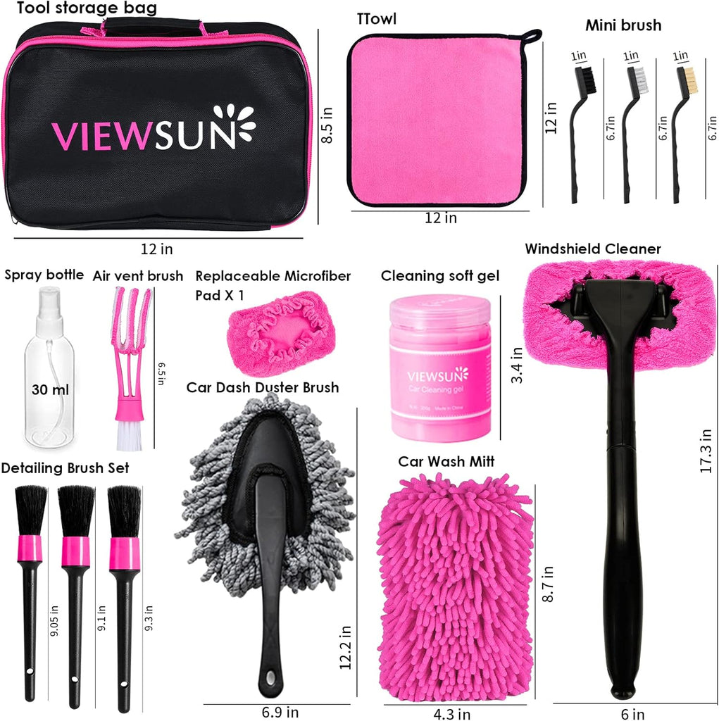 Viewsun 17pcs Car Cleaning Kit, Pink Car Interior Detailing Kit with High Power Handheld Vacuum, Detailing Brush Set, Windshield Cleaner, Cleaning Gel, Complete Auto Accessories for Women Gift