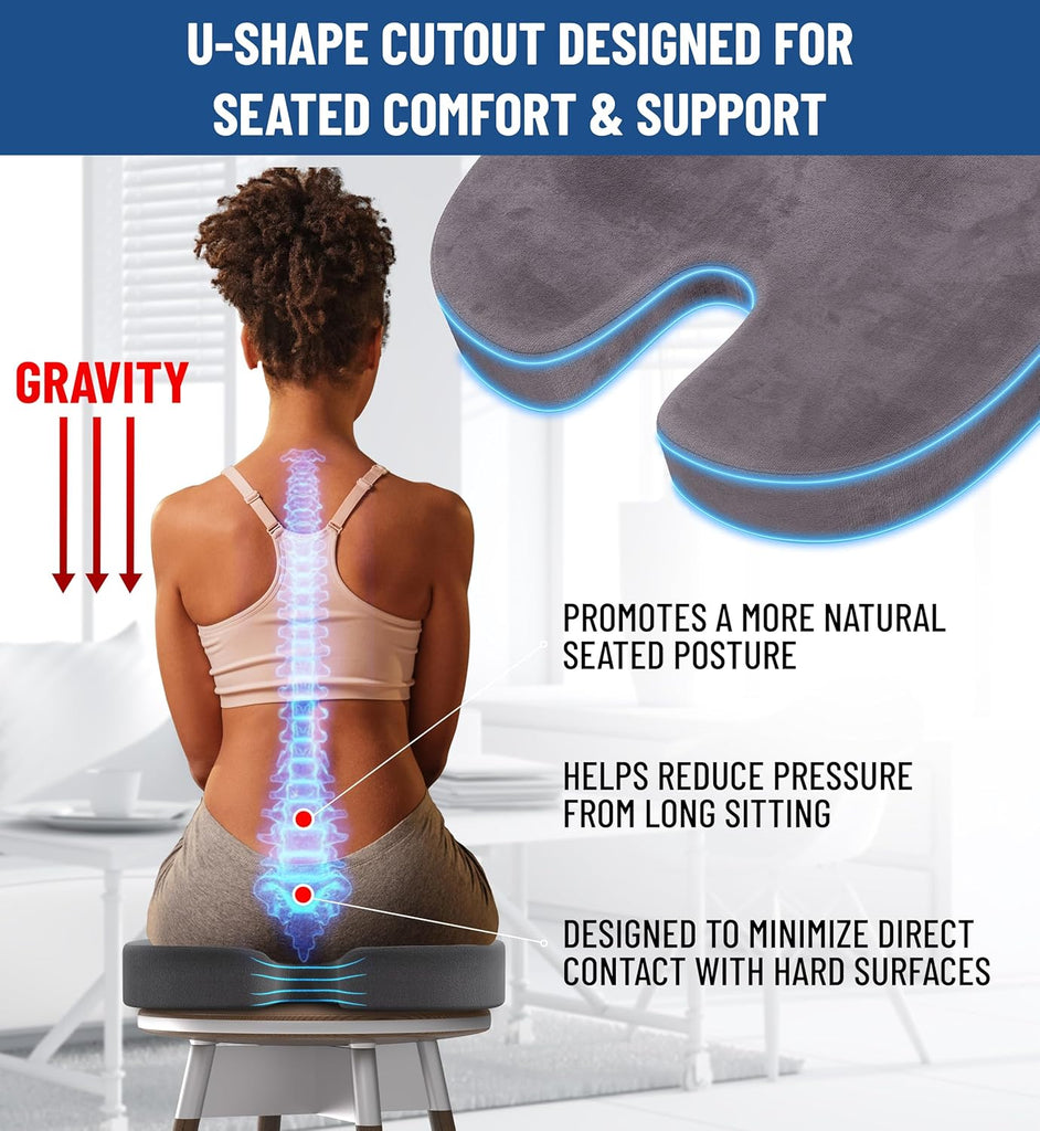 Everlasting Comfort Doctor Recommended Memory Foam Seat Cushion for Office Chairs & Car Seat - Ergonomic Office Desk Accessories for Tailbone Pain Relief, Sciatica & Back Support