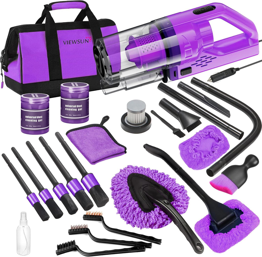 Viewsun 17pcs Car Cleaning Kit, Pink Car Interior Detailing Kit with High Power Handheld Vacuum, Detailing Brush Set, Windshield Cleaner, Cleaning Gel, Complete Auto Accessories for Women Gift