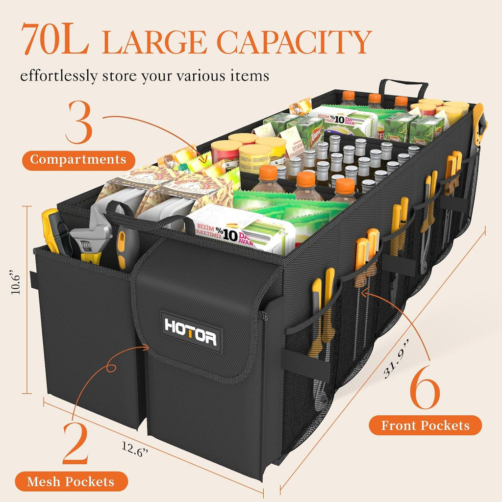 HOTOR Trunk Organizer - Car Organizer, Foldable Trunk organizer for SUVs & Sedans, Sturdy Car Organization for Car Accessories, Tools, Sundries, Black, 2 Compartments, 21.3"×12.6"×10.6"