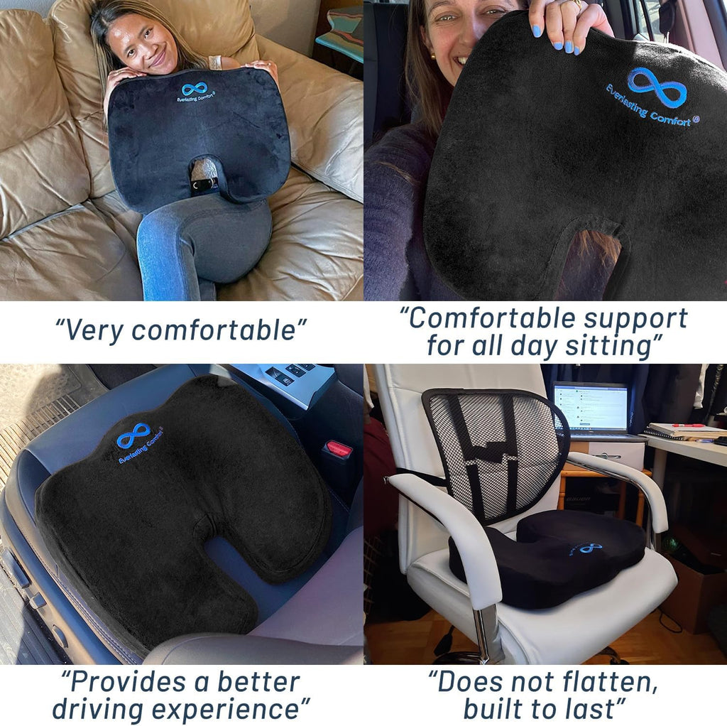 Everlasting Comfort Doctor Recommended Memory Foam Seat Cushion for Office Chairs & Car Seat - Ergonomic Office Desk Accessories for Tailbone Pain Relief, Sciatica & Back Support