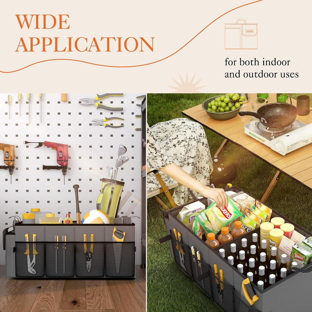 HOTOR Trunk Organizer - Car Organizer, Foldable Trunk organizer for SUVs & Sedans, Sturdy Car Organization for Car Accessories, Tools, Sundries, Black, 2 Compartments, 21.3"×12.6"×10.6"