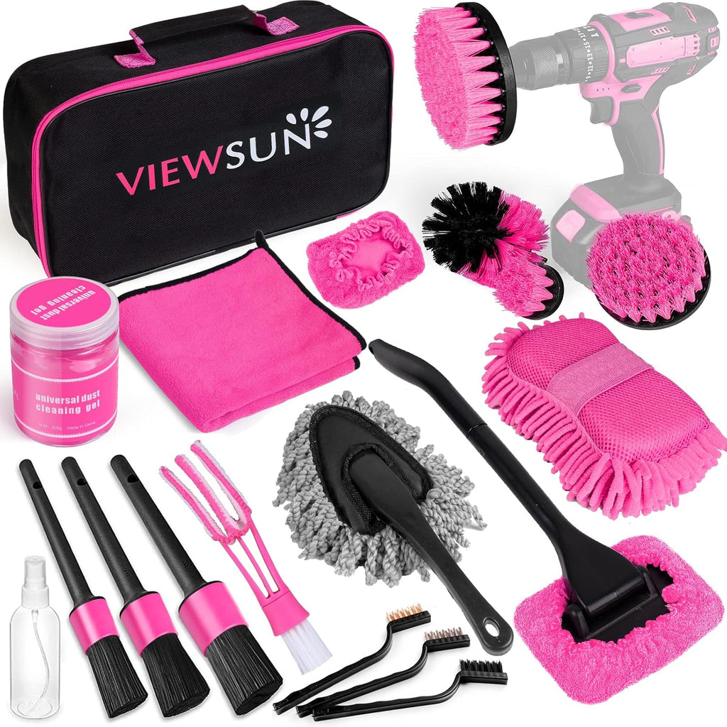 Viewsun 17pcs Car Cleaning Kit, Pink Car Interior Detailing Kit with High Power Handheld Vacuum, Detailing Brush Set, Windshield Cleaner, Cleaning Gel, Complete Auto Accessories for Women Gift