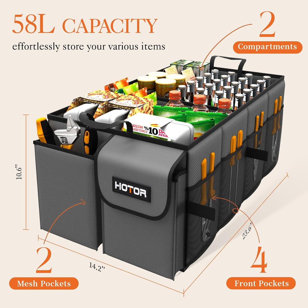 HOTOR Trunk Organizer - Car Organizer, Foldable Trunk organizer for SUVs & Sedans, Sturdy Car Organization for Car Accessories, Tools, Sundries, Black, 2 Compartments, 21.3"×12.6"×10.6"