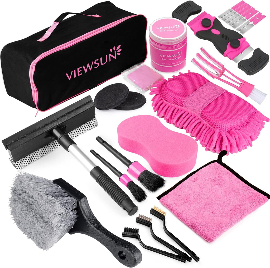 Viewsun 17pcs Car Cleaning Kit, Pink Car Interior Detailing Kit with High Power Handheld Vacuum, Detailing Brush Set, Windshield Cleaner, Cleaning Gel, Complete Auto Accessories for Women Gift