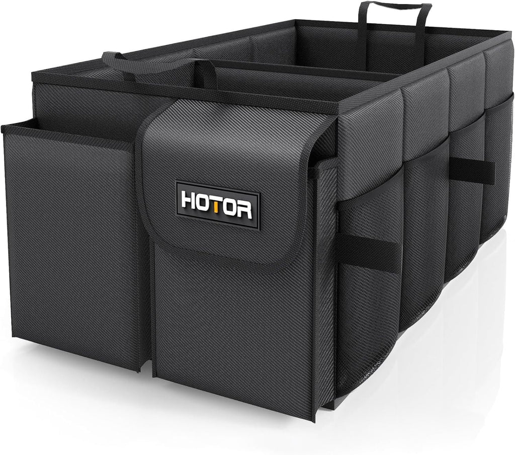 HOTOR Trunk Organizer - Car Organizer, Foldable Trunk organizer for SUVs & Sedans, Sturdy Car Organization for Car Accessories, Tools, Sundries, Black, 2 Compartments, 21.3"×12.6"×10.6"