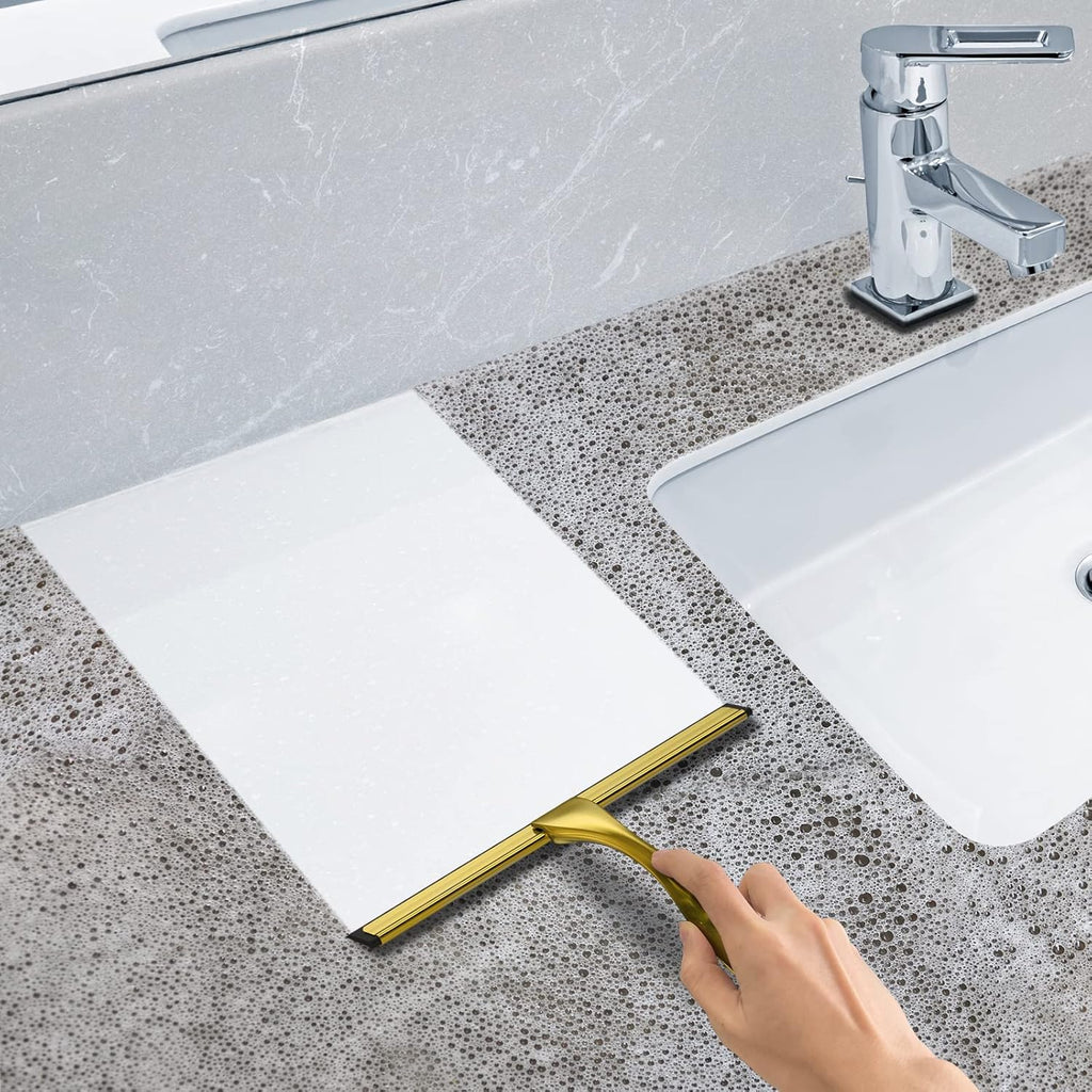 All-Purpose Stainless Steel Shower Squeegee for Shower Glass Door with 2 Adhesive Hooks, Bathroom Cleaner Tool Household Window Mirror Squeegee , Cleaning Tile Wall, Car, 10 Inch Silver