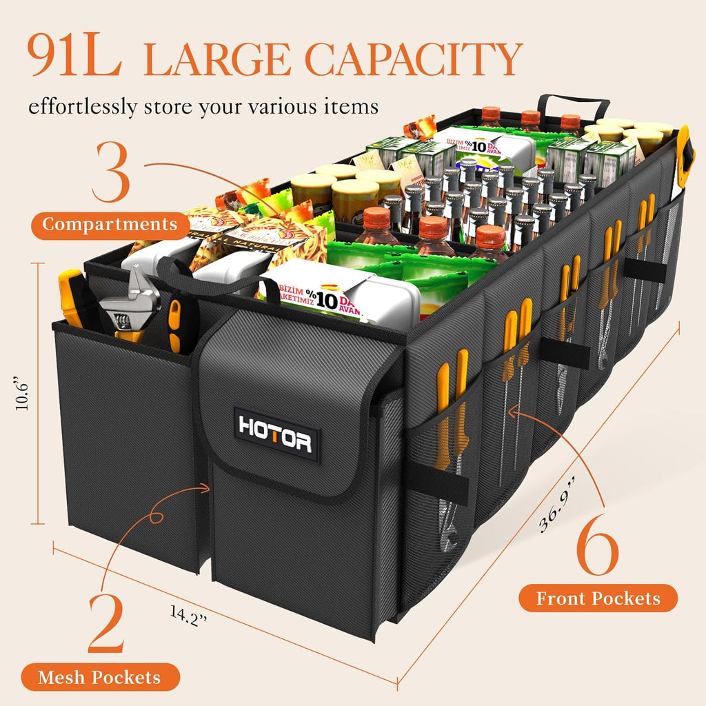 HOTOR Trunk Organizer - Car Organizer, Foldable Trunk organizer for SUVs & Sedans, Sturdy Car Organization for Car Accessories, Tools, Sundries, Black, 2 Compartments, 21.3"×12.6"×10.6"