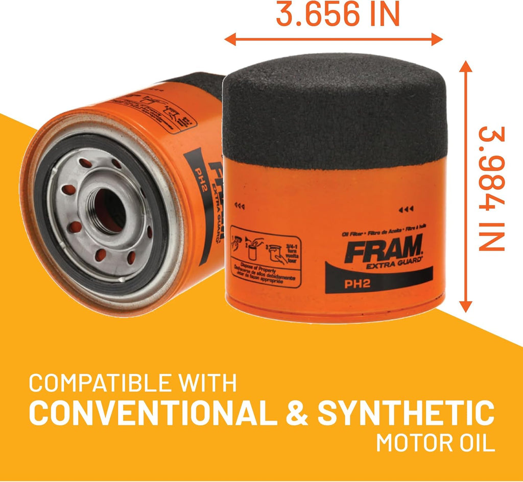 FRAM Extra Guard PH2 10K Mile Change Automotive Replacement Interval Spin-On Engine Oil Filter for Select Vehicle Model Years, Vehicle Engine Protection Oil Filter for Everyday Drivers