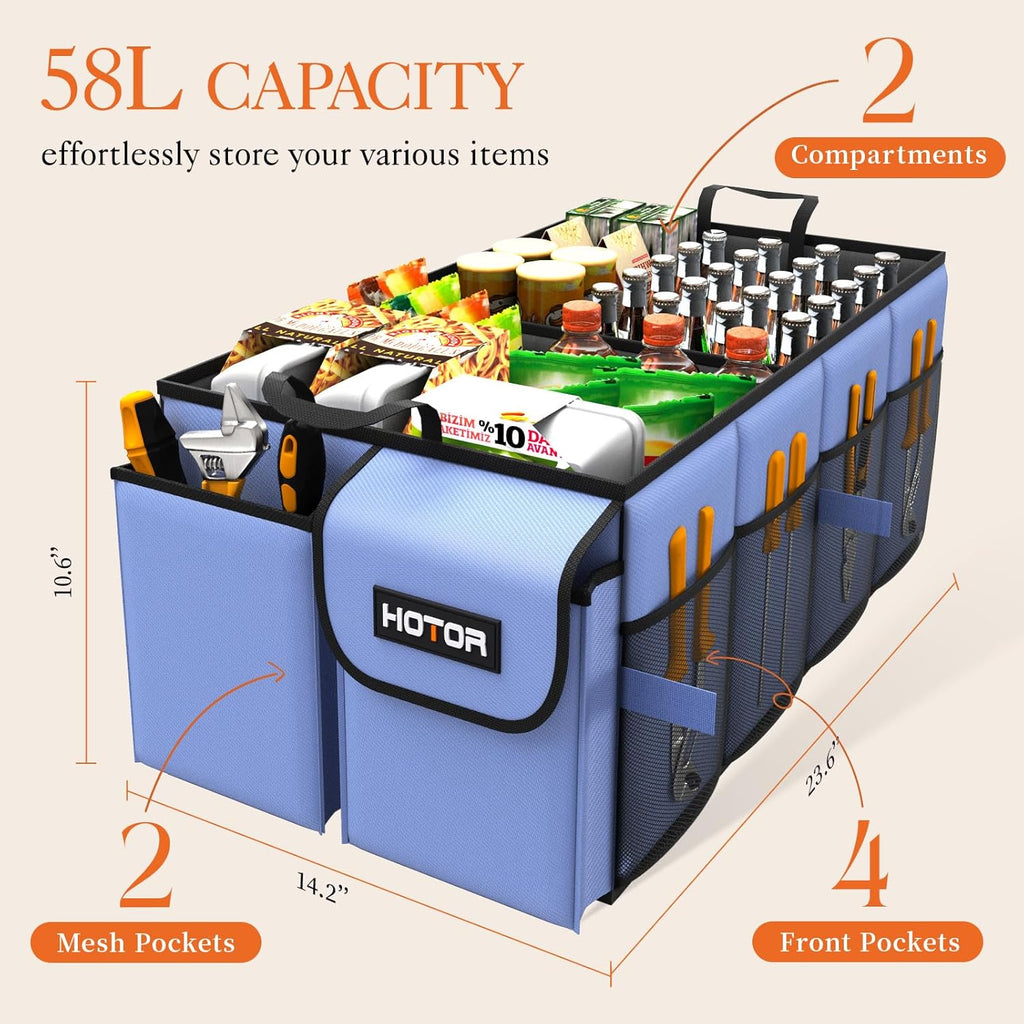 HOTOR Trunk Organizer - Car Organizer, Foldable Trunk organizer for SUVs & Sedans, Sturdy Car Organization for Car Accessories, Tools, Sundries, Black, 2 Compartments, 21.3"×12.6"×10.6"