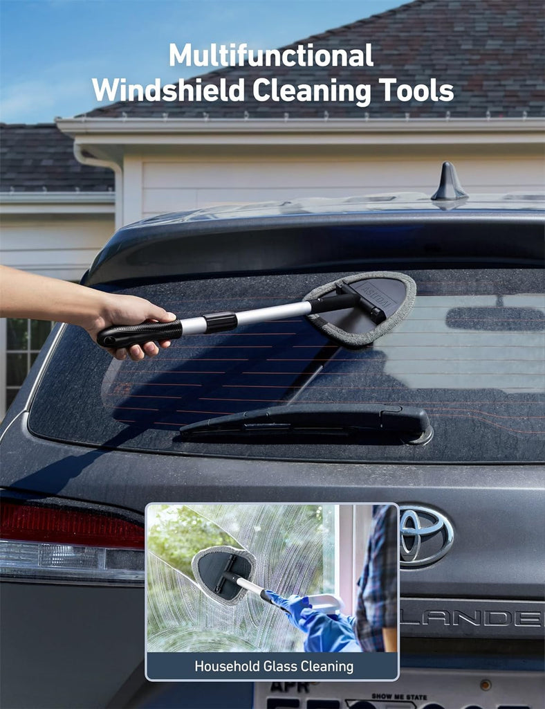 AstroAI Windshield Cleaner Tool, Car Interior Detailing Cleaning Kit with Extendable Handle and 4 Reusable Microfiber Pads, Auto Glass Wiper Brush Kit, Cars, Trucks, SUVs, Gray
