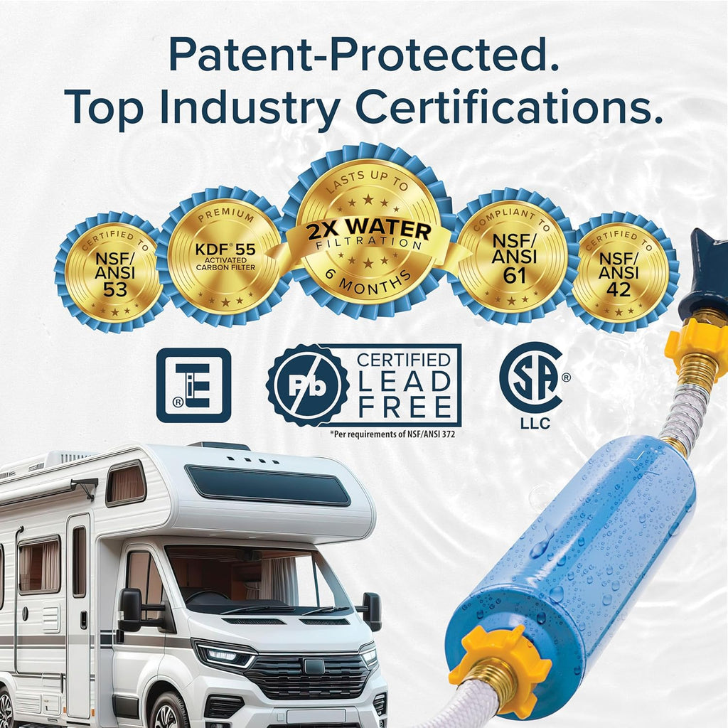 Camco Tastepure RV Water Filter - New & Advanced RV Inline Water Filter with Flexible Hose Protector - GAC & KDF Filtration - Made in USA - Camping Essentials for Fresh Drinking Water (40043)