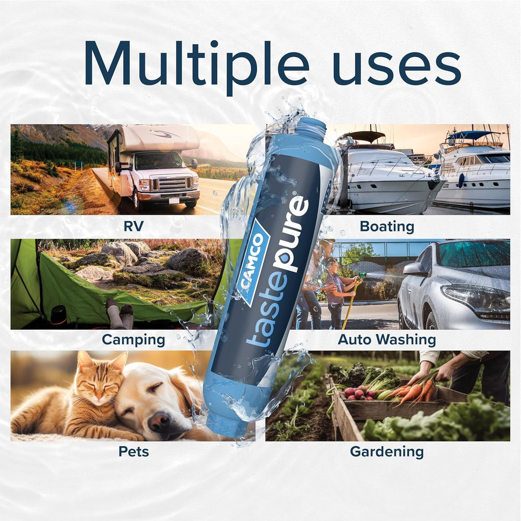 Camco Tastepure RV Water Filter - New & Advanced RV Inline Water Filter with Flexible Hose Protector - GAC & KDF Filtration - Made in USA - Camping Essentials for Fresh Drinking Water (40043)