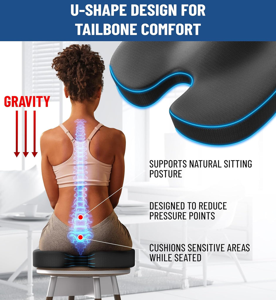 Everlasting Comfort Doctor Recommended Memory Foam Seat Cushion for Office Chairs & Car Seat - Ergonomic Office Desk Accessories for Tailbone Pain Relief, Sciatica & Back Support